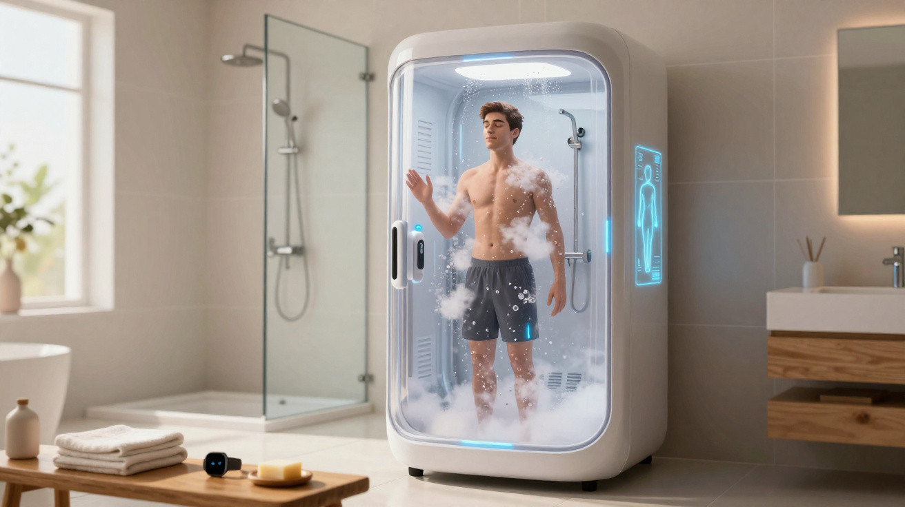 Homem em cabine de banho futurista com tecnologia avançada num banheiro moderno e iluminado.