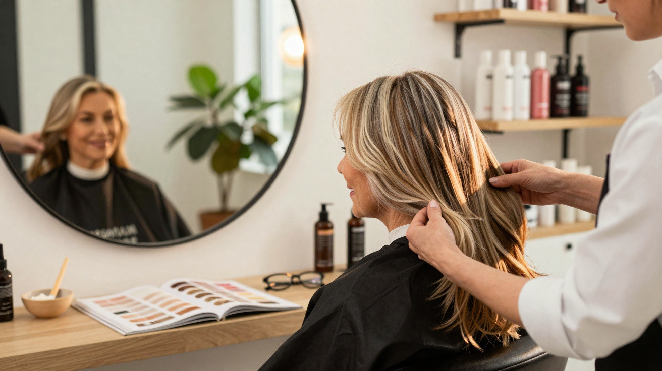 Mulher loira sentada em salão de beleza, olhando no espelho enquanto cabeleireiro ajeita seu cabelo.