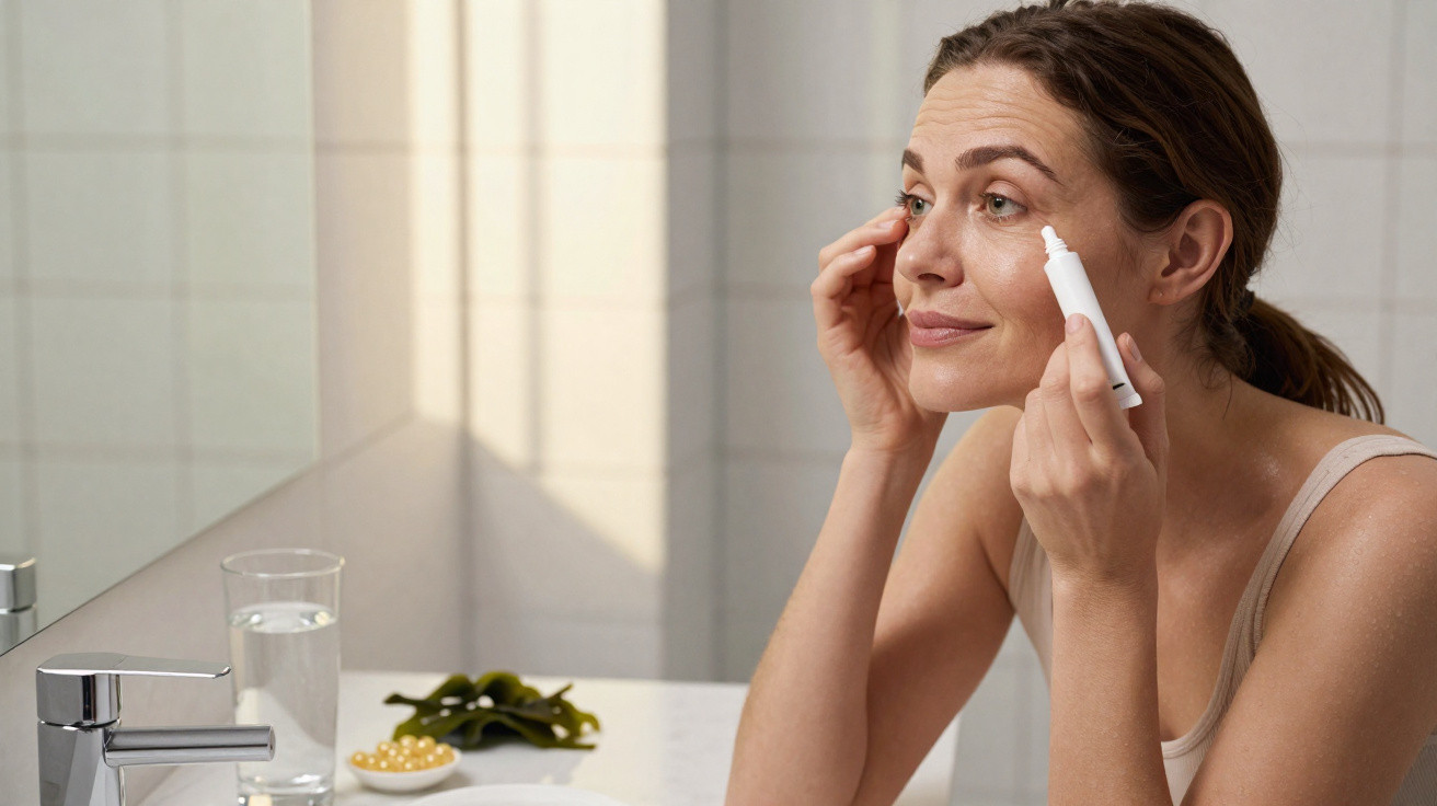 Mulher aplicando creme ao redor dos olhos em frente ao espelho do banheiro.