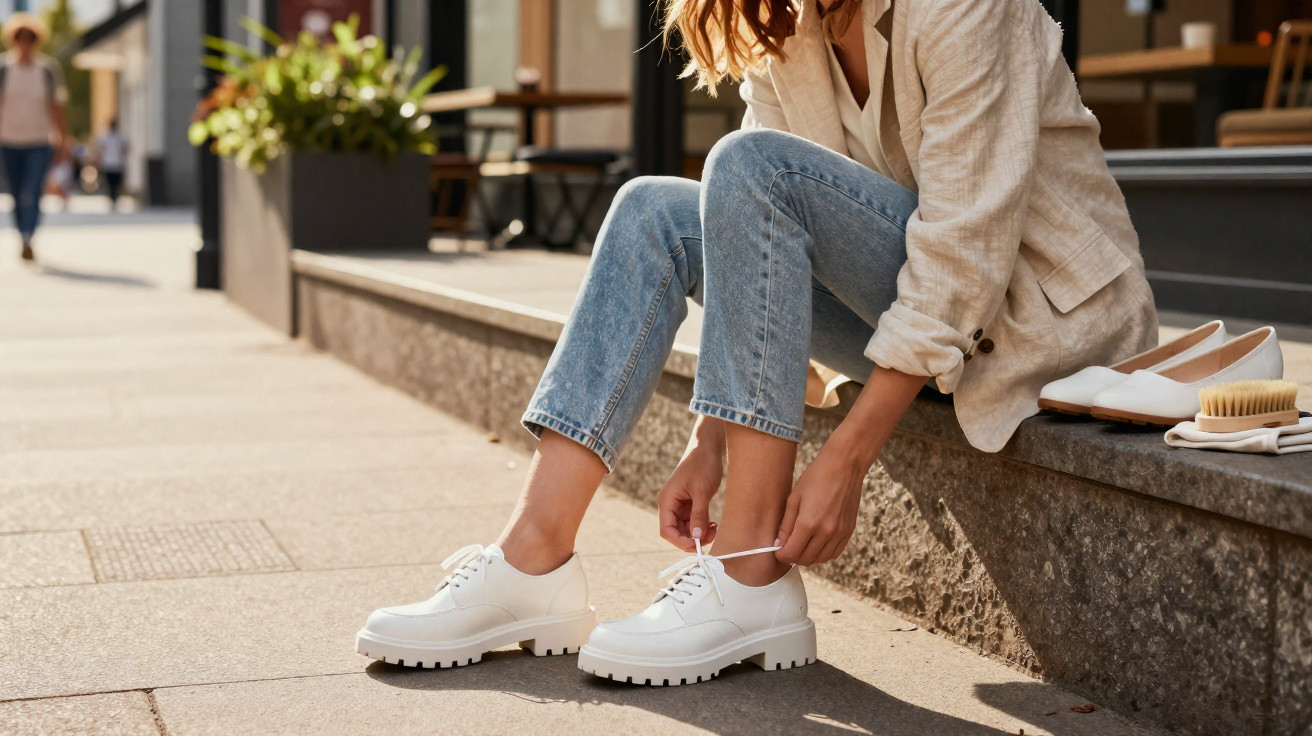Mulher sentada amarrando tênis branco em calçada, com sapatos e escova ao lado, em ambiente urbano.