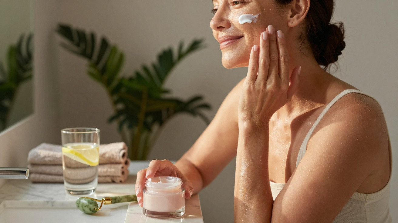 Mulher aplicando creme no rosto em banheiro iluminado, ao lado jarra de água com limão e toalhas.