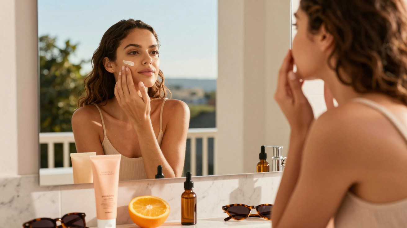 Mulher aplicando creme facial, sentada em frente a um espelho em ambiente iluminado natural.