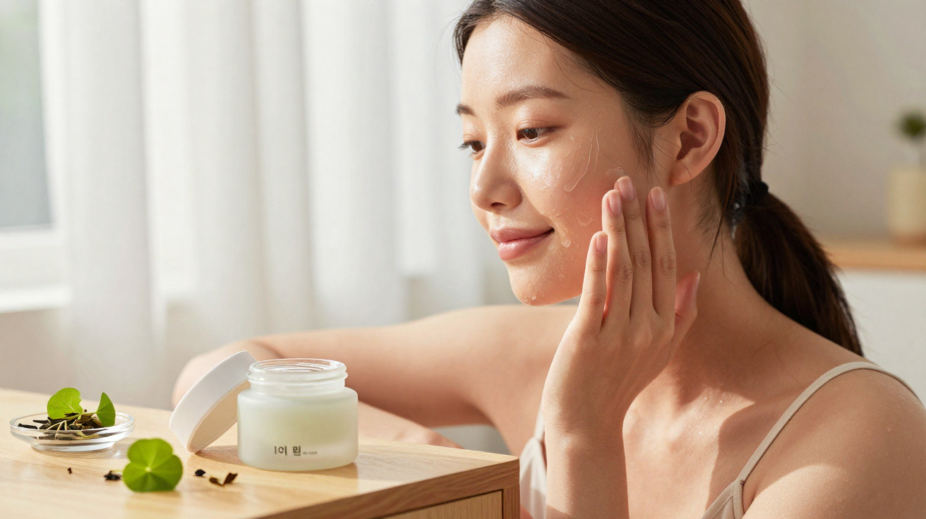 Mulher aplicando creme facial com jarra transparente sobre mesa em ambiente iluminado.