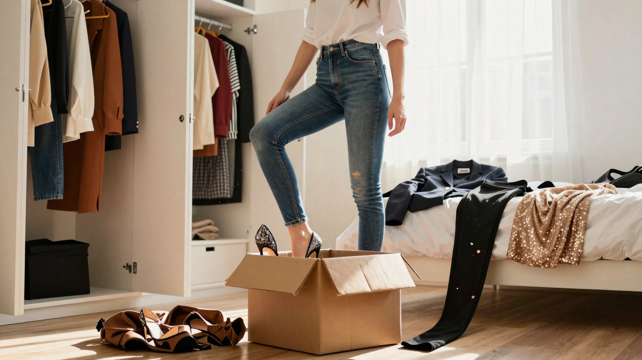 Mulher experimenta salto alto em caixa com roupas e sapatos ao redor em quarto ensolarado.