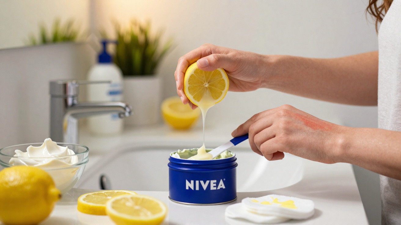 Mãos espremendo limão sobre creme Nivea em pote azul, com limões cortados e pote de creme ao lado na pia.