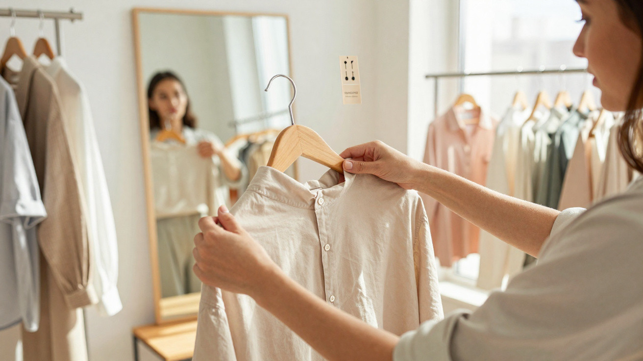 Mulher segurando camisa clara em cabide, olhando para si mesma em espelho dentro de loja de roupas.
