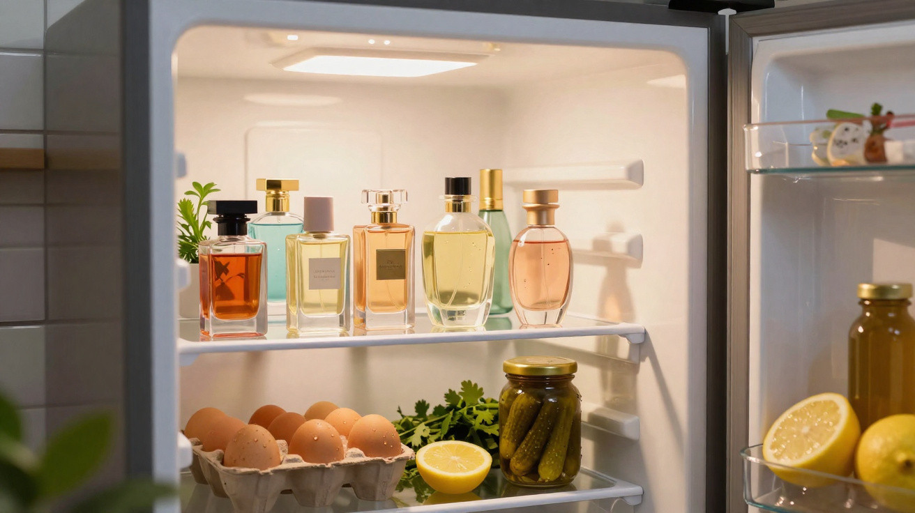 Interior de geladeira com frascos de perfume, ovos, limão, pepinos em conserva e ervas frescas.