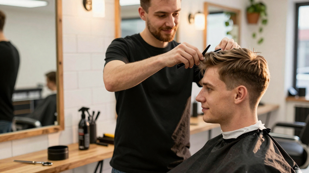 Homem cortando o cabelo de cliente sorridente em salão de beleza moderno.
