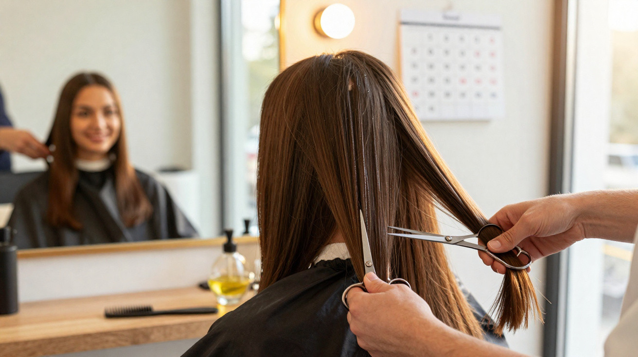 Cliente sorridente recebendo corte de cabelo em salão moderno com espelho e luzes ao fundo.