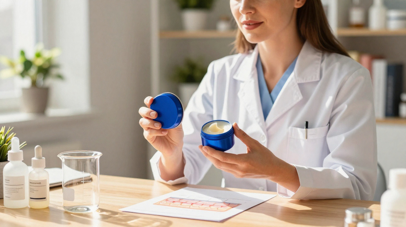 Mulher cientista segura pote azul com creme em mesa com frascos e gráfico em ambiente iluminado.