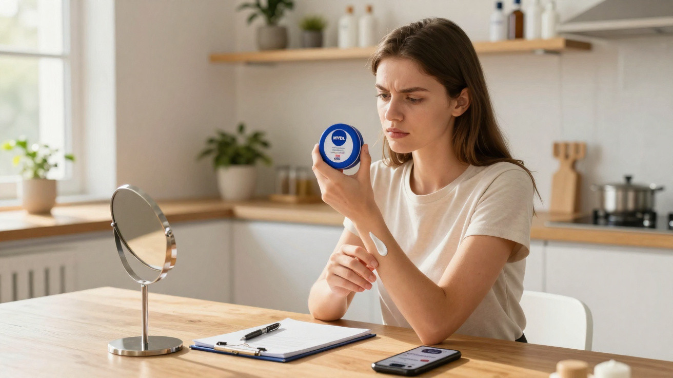 Mulher olhando com dúvida para pote de creme Nivea aplicando produto no braço, sentada à mesa com espelho.
