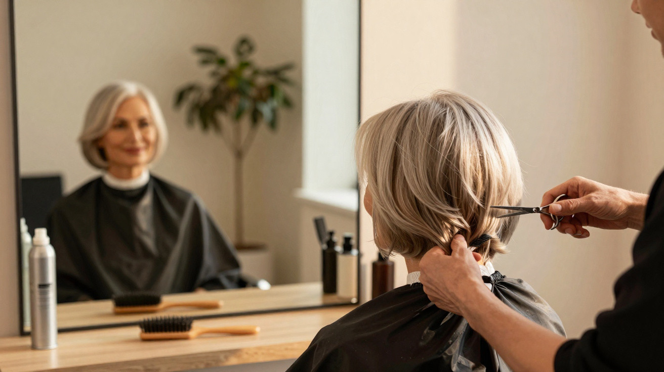 Mulher de cabelo grisalho corta o cabelo curto em salão de beleza, refletida no espelho.