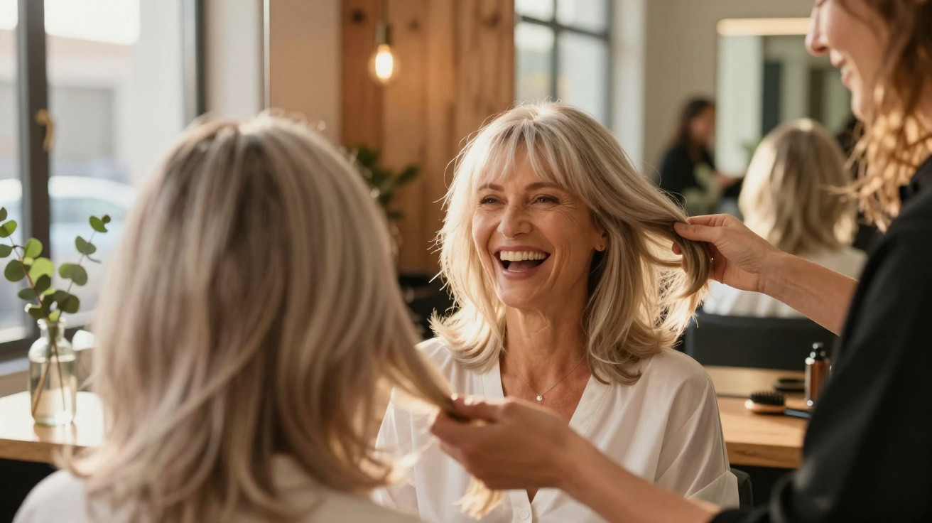 Mulher sorridente em salão de beleza recebendo corte e tratamento de cabelo de cabeleireira.
