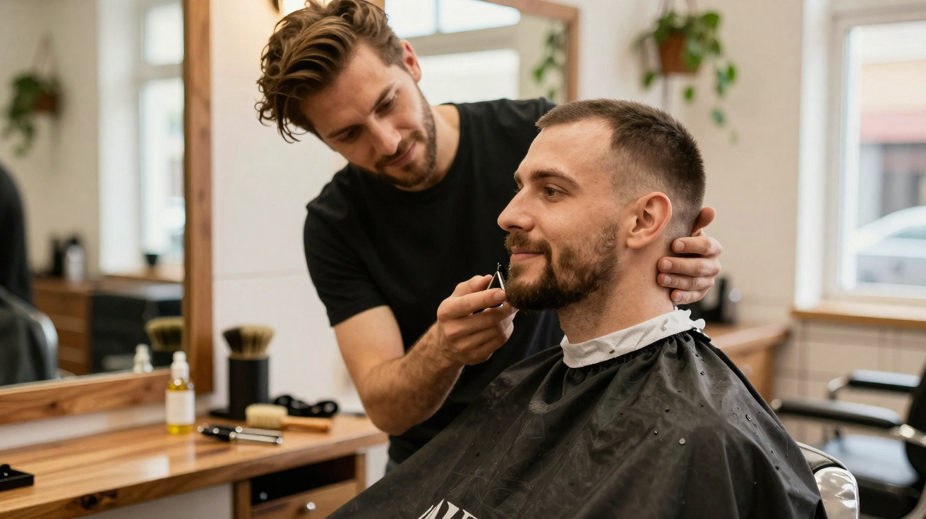 Homem recebendo aparo de barba por barbeiro em salão de beleza iluminado e moderno.