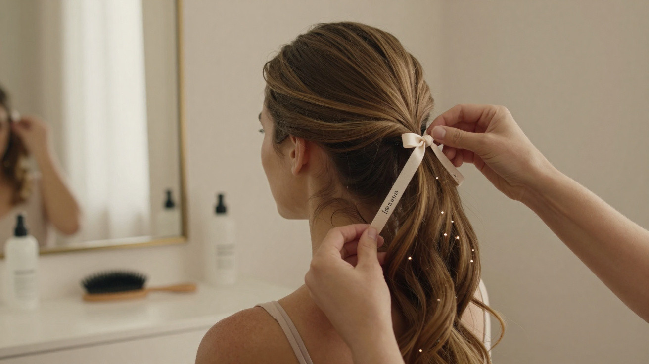 Pessoa fazendo penteado com fita branca em cabelo longo e ondulado em frente a espelho.