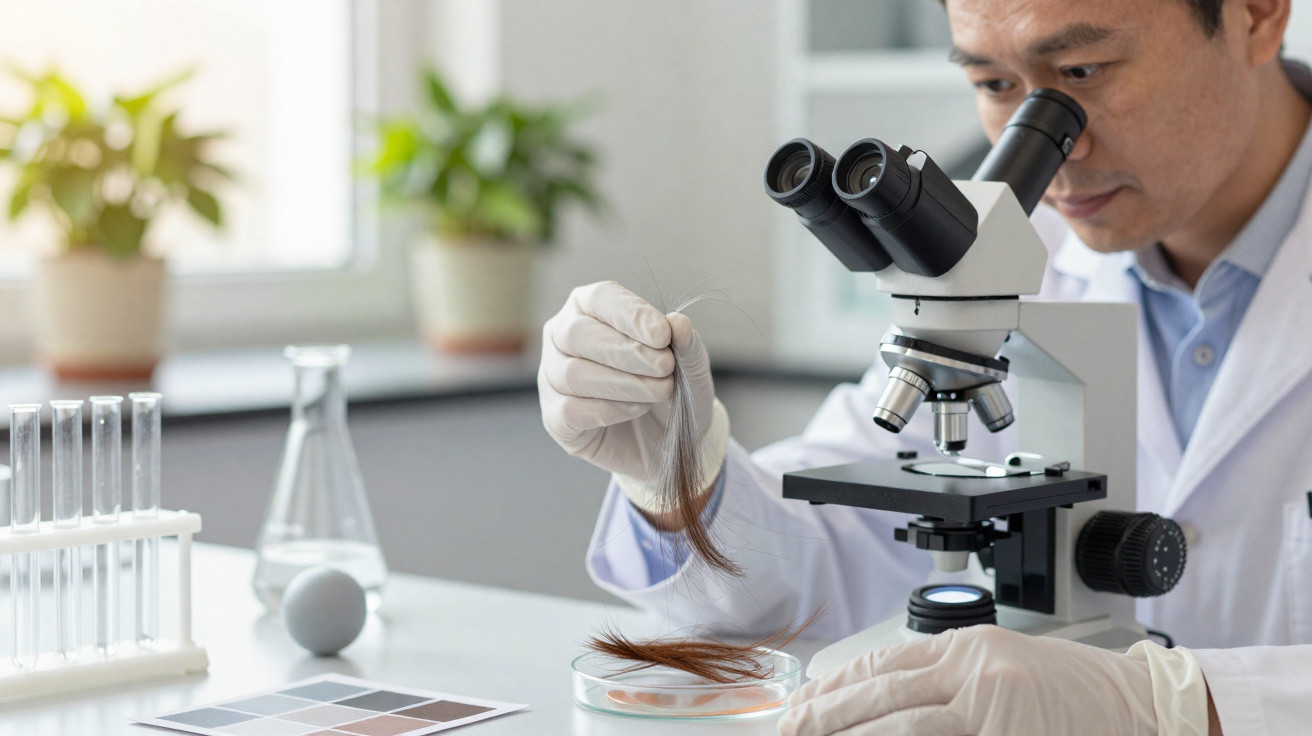 Cientista observa amostra de cabelo em lâmina usando microscópio em laboratório moderno.