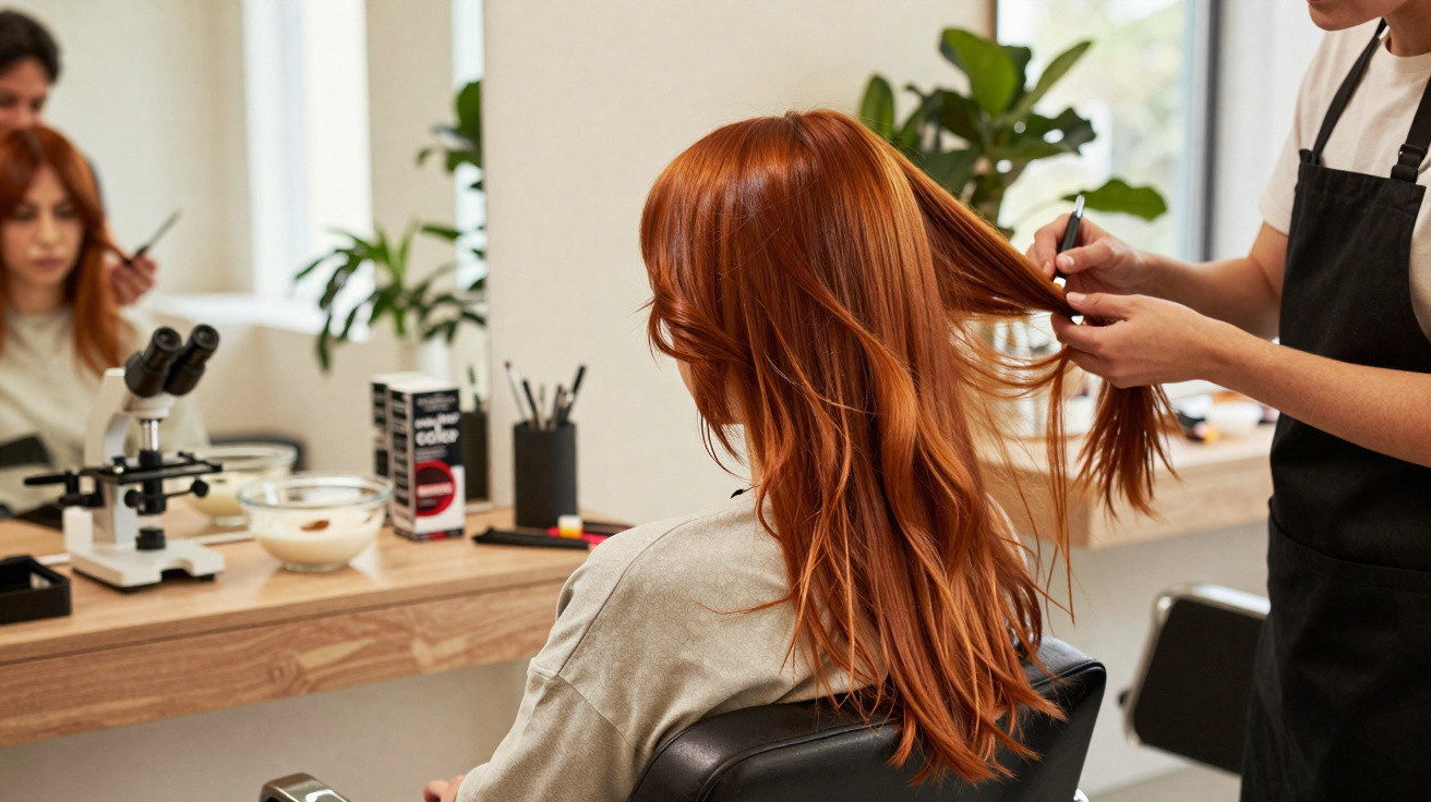 Mulher com cabelo ruivo sendo penteada por cabeleireiro em salão de beleza.