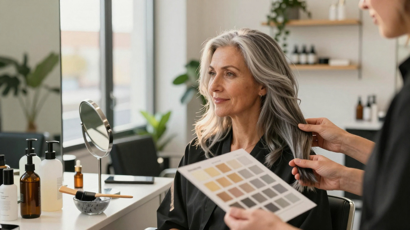 Mulher com cabelo grisalho sendo consultada sobre cor de cabelo em salão de beleza moderno.