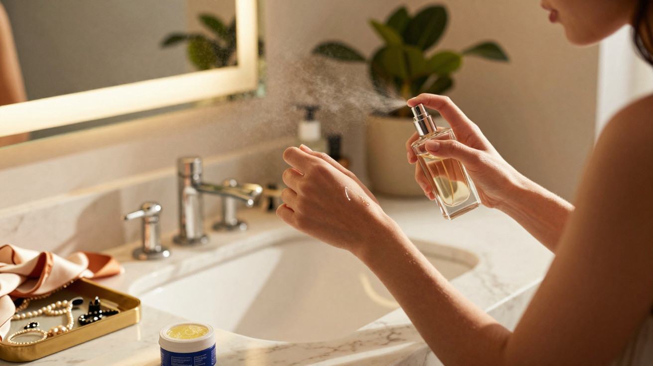 Pessoa aplicando perfume no pulso em bancada com pia e acessórios femininos ao fundo.