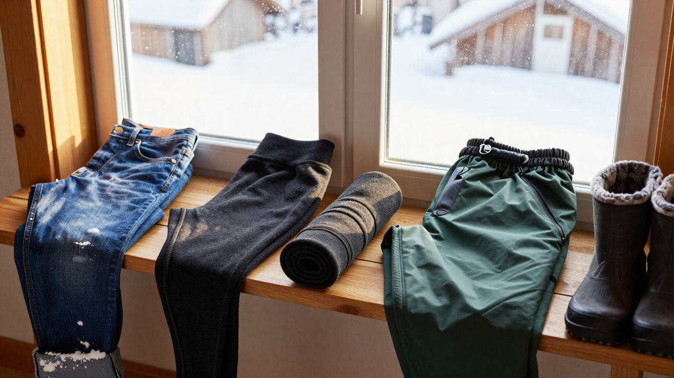 Calças, meia enrolada e botas ao lado da janela com vista para neve.