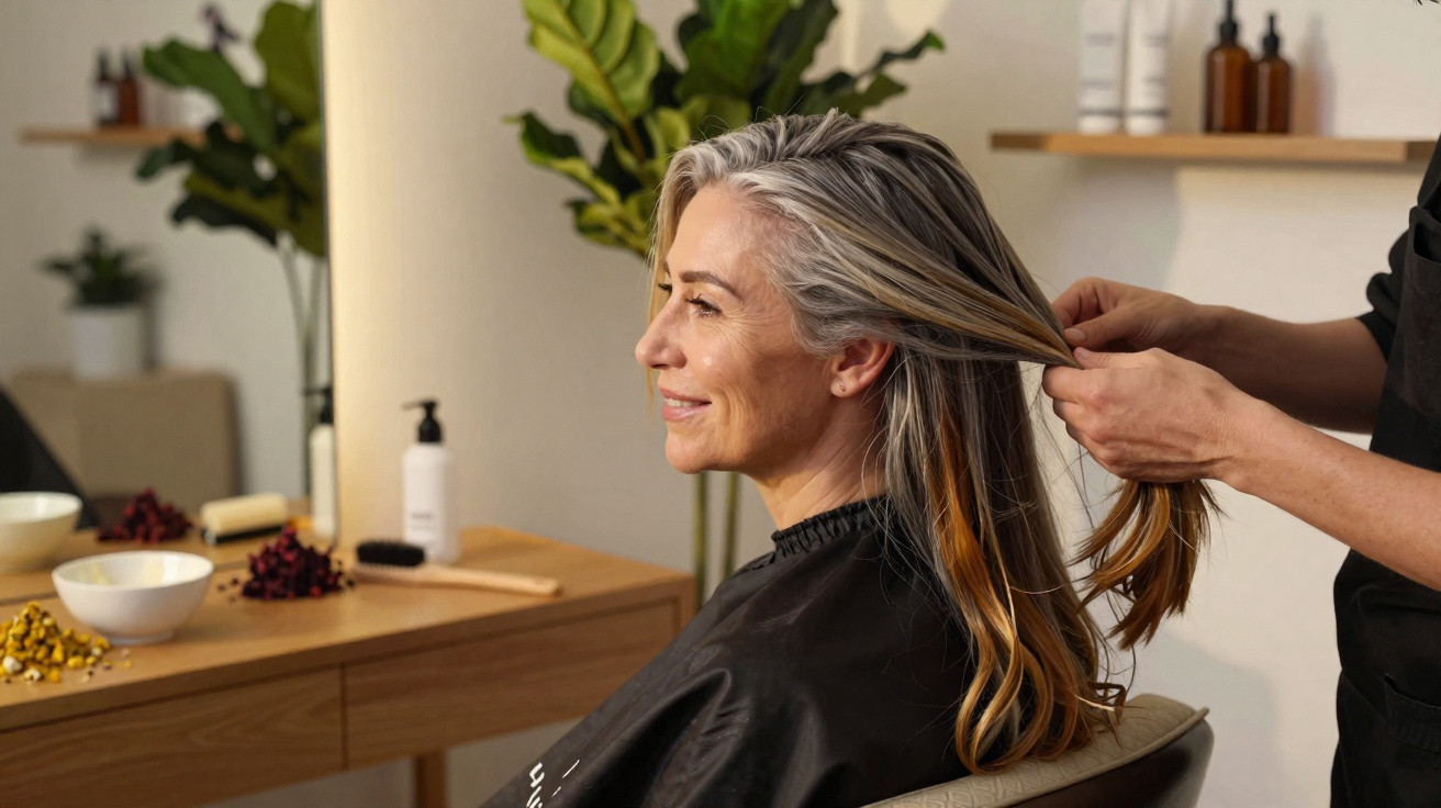 Mulher sorrindo enquanto cabeleireiro penteia seu cabelo em salão moderno com plantas e produtos ao fundo.