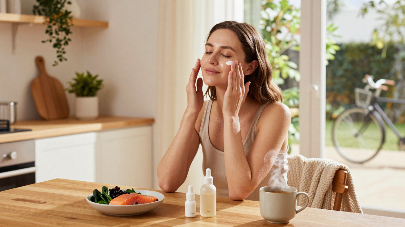 Mulher aplicando creme no rosto sentada à mesa com comida saudável e chá em ambiente iluminado.
