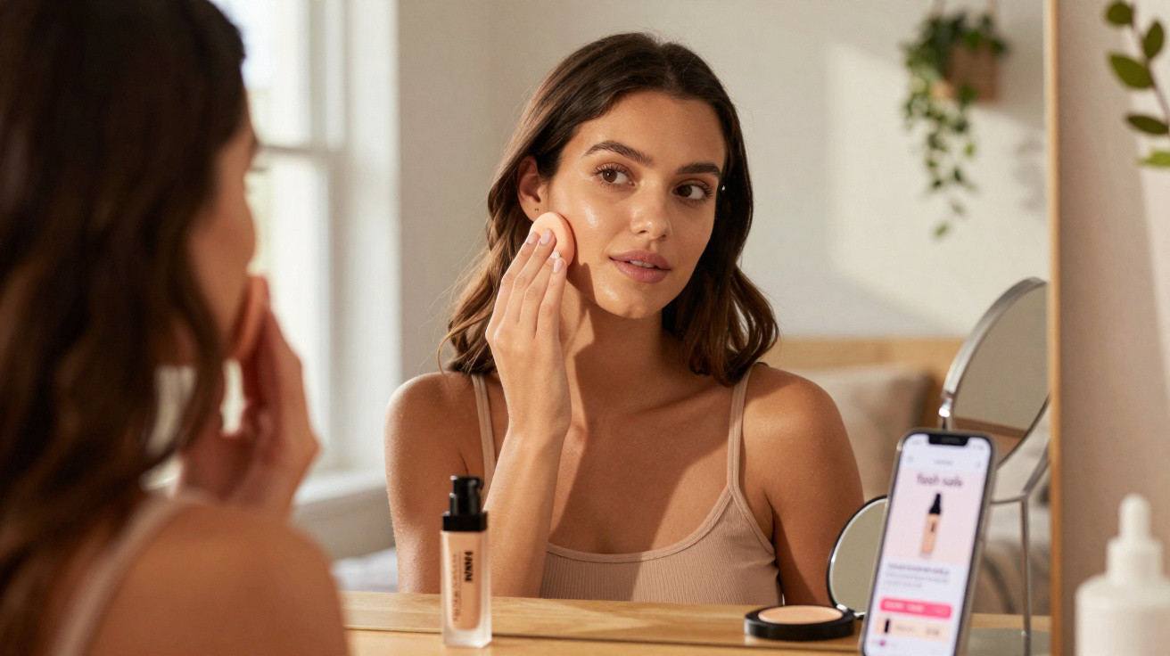Mulher aplicando base facial com esponja enquanto se olha no espelho em ambiente iluminado.