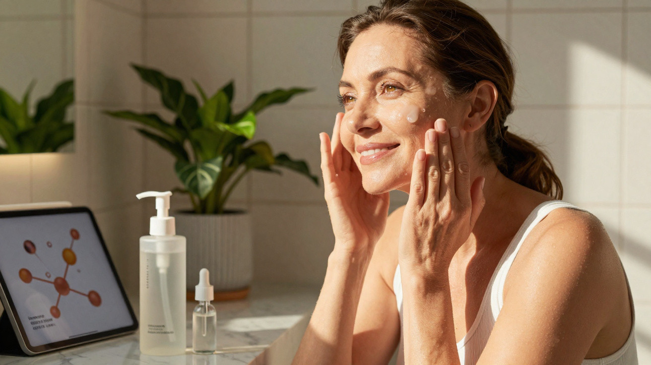 Mulher aplica creme facial em ambiente iluminado com produtos de skincare sobre bancada.