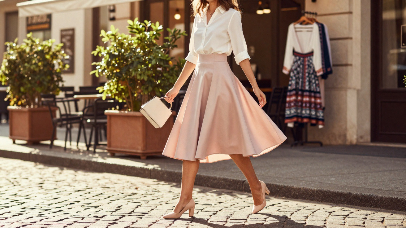 Mulher elegante caminhando em rua de paralelepípedo com saia rodada rosa e blusa branca, segurando bolsa pequena.