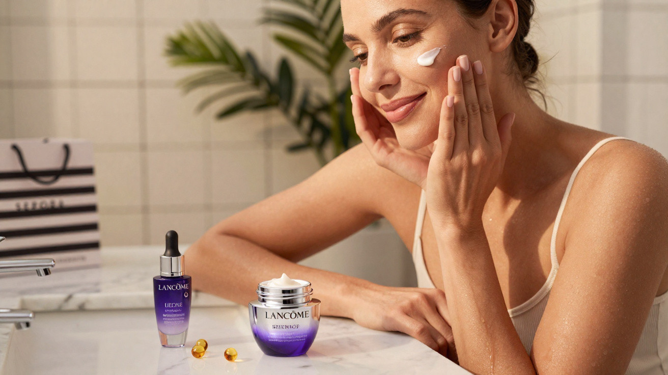 Mulher aplicando creme no rosto, com produtos Lancôme sobre pia em banheiro iluminado.