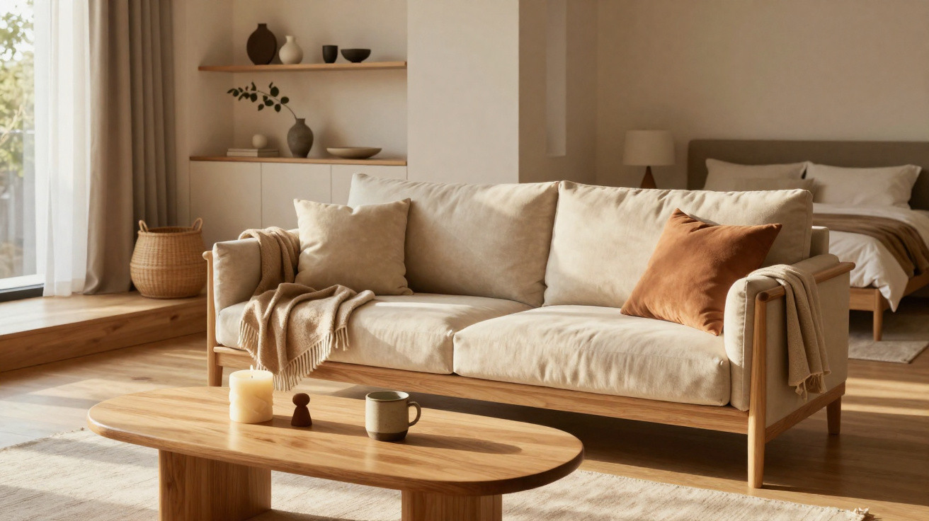 Sala de estar minimalista com sofá bege, almofadas, mesa de madeira e decoração neutra.