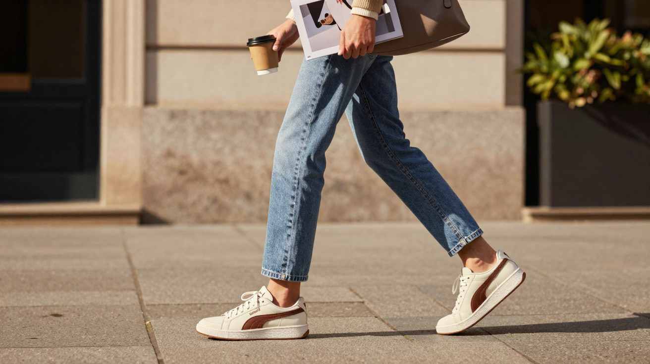 Pessoa caminhando com tênis branco, jeans azul, segurando copo de café e bolsa bege na rua.