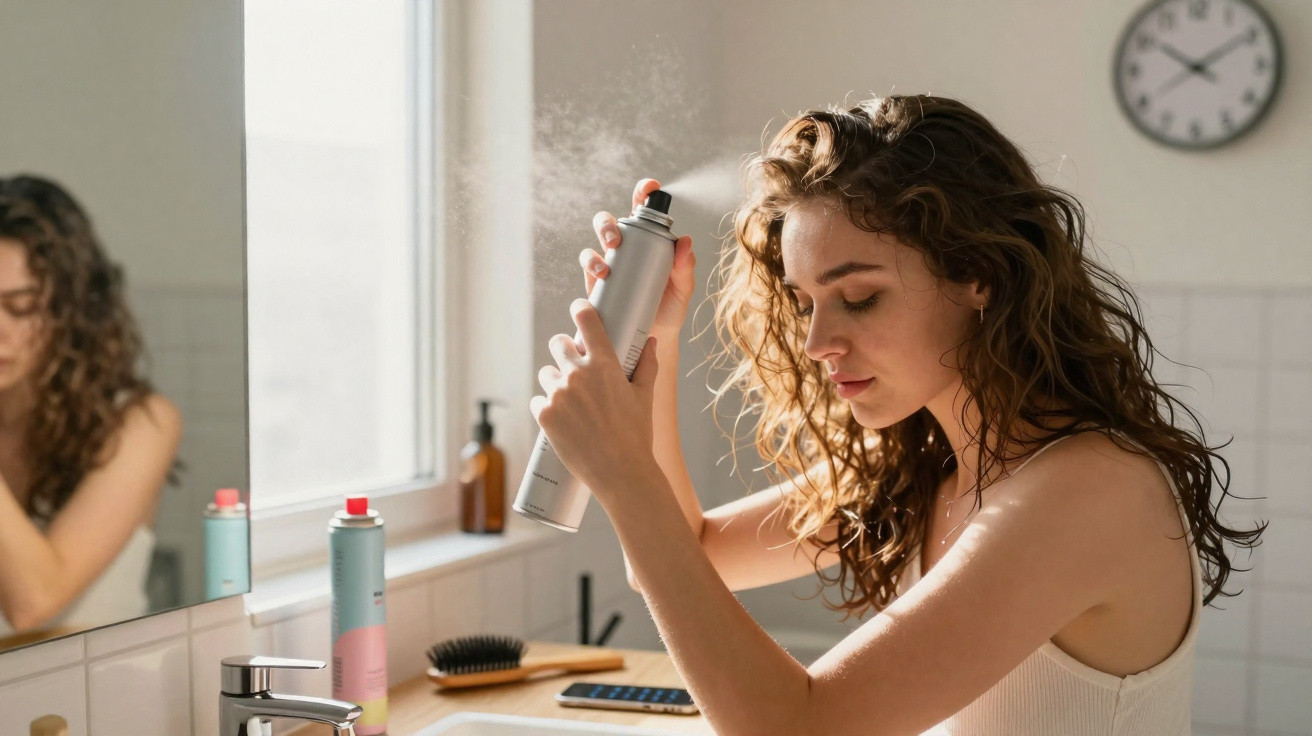 Mulher aplicando spray de cabelo no banheiro com relógio e espelho ao fundo.