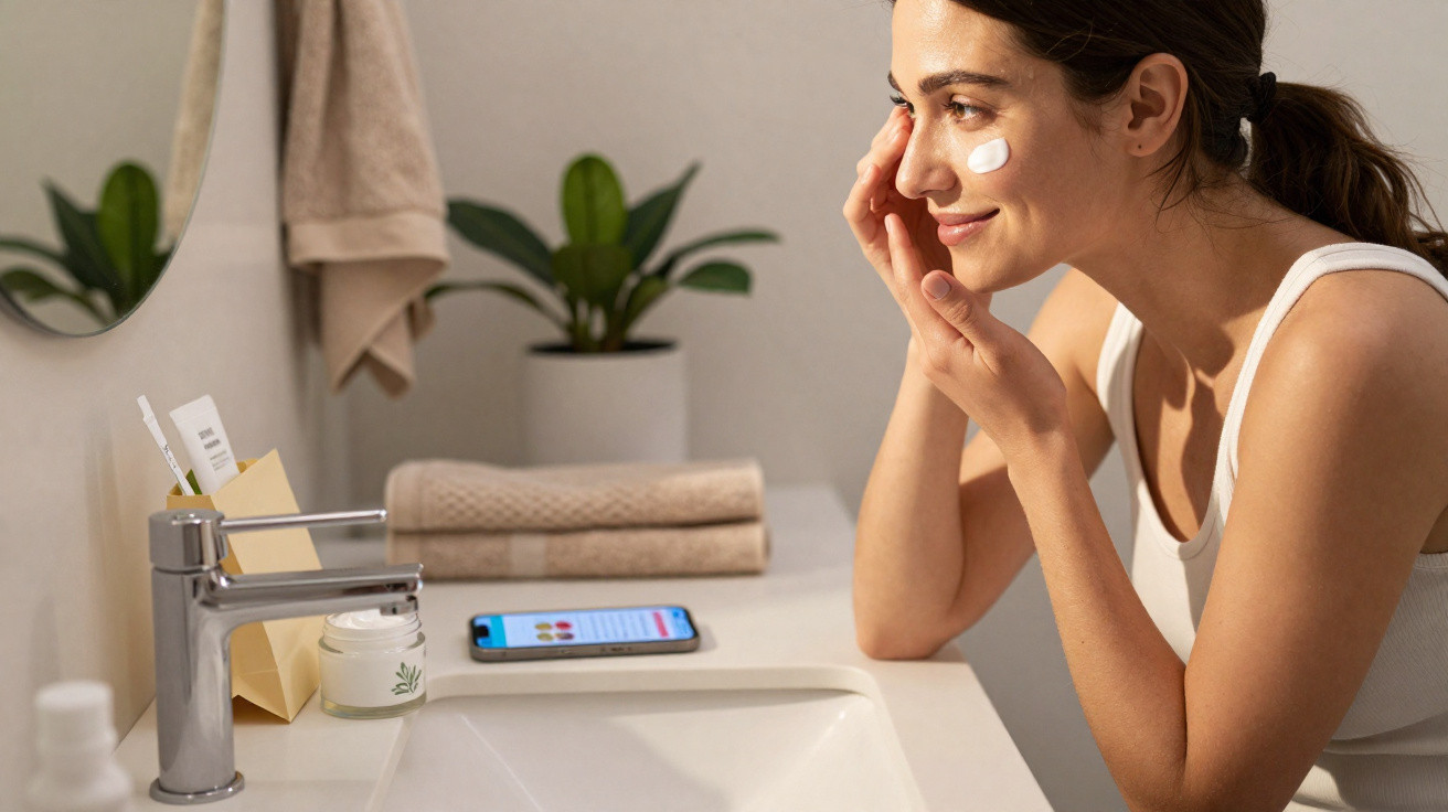 Mulher aplicando creme facial no rosto em frente a pia de banheiro com celular e toalhas ao fundo.