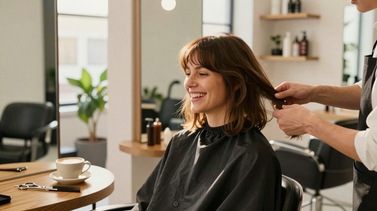 Mulher sorridente recebendo corte de cabelo em salão moderno e bem iluminado.