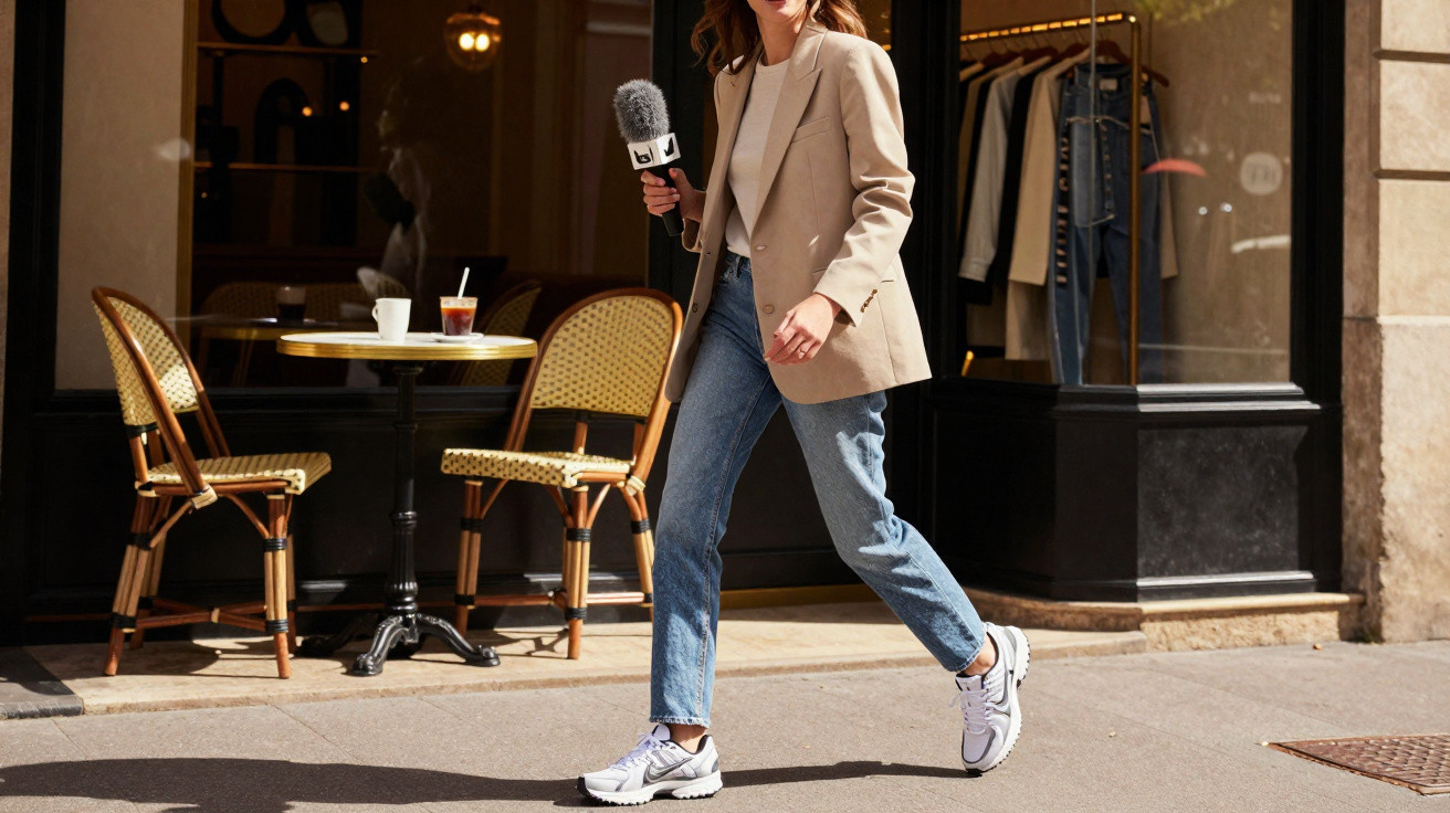Mulher com blazer bege e jeans, segurando microfone e caminhando em calçada próxima a café.