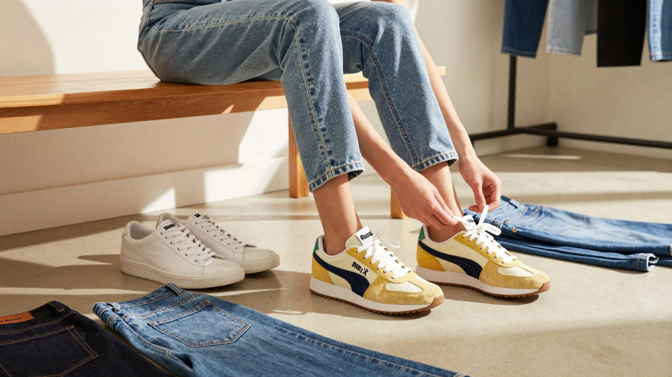 Pessoa calçando tênis amarelo, branco e azul, sentada em banco de madeira, com calças jeans ao redor.