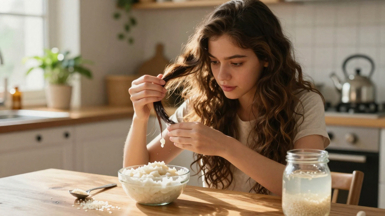 Jovem mulher aplicando tratamento caseiro de arroz nos cabelos em cozinha iluminada.