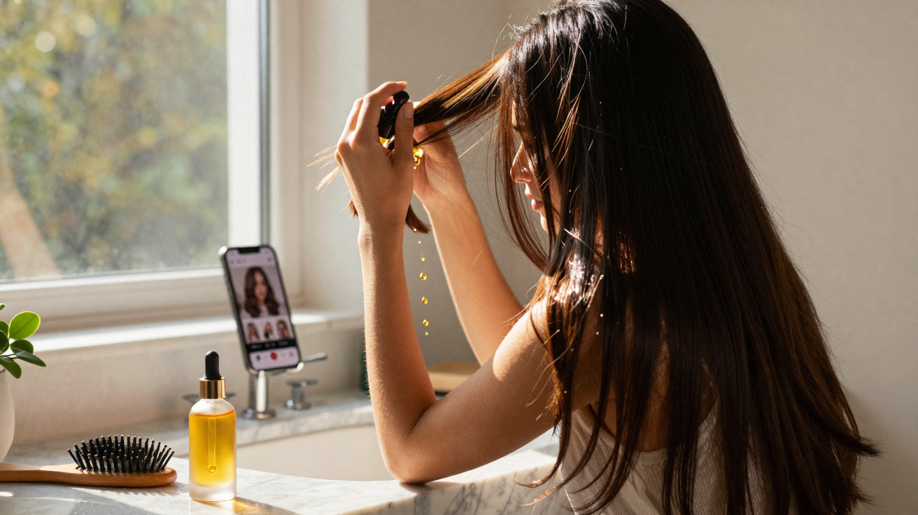 Mulher aplicando óleo no cabelo em frente ao espelho com celular ao lado, luz natural entrando pela janela.