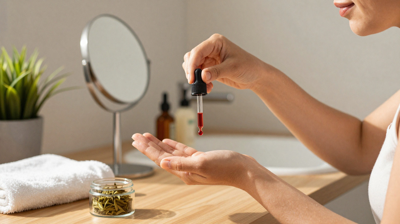 Pessoa aplicando óleo facial com conta-gotas em ambiente de cuidados pessoais com espelho e toalha.