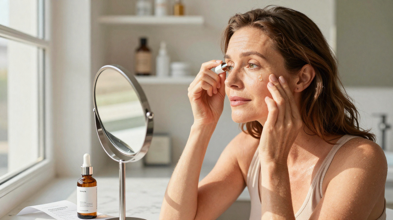 Mulher aplicando creme facial com conta-gotas em frente a espelho em ambiente claro e organizado.