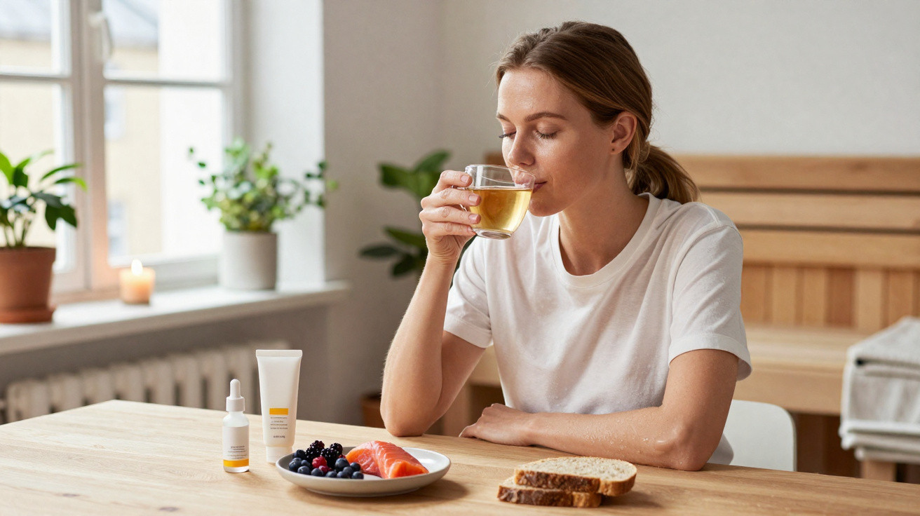 Mulher branca sentada à mesa bebendo chá, com frutas, salmão, pães e produtos no café da manhã.
