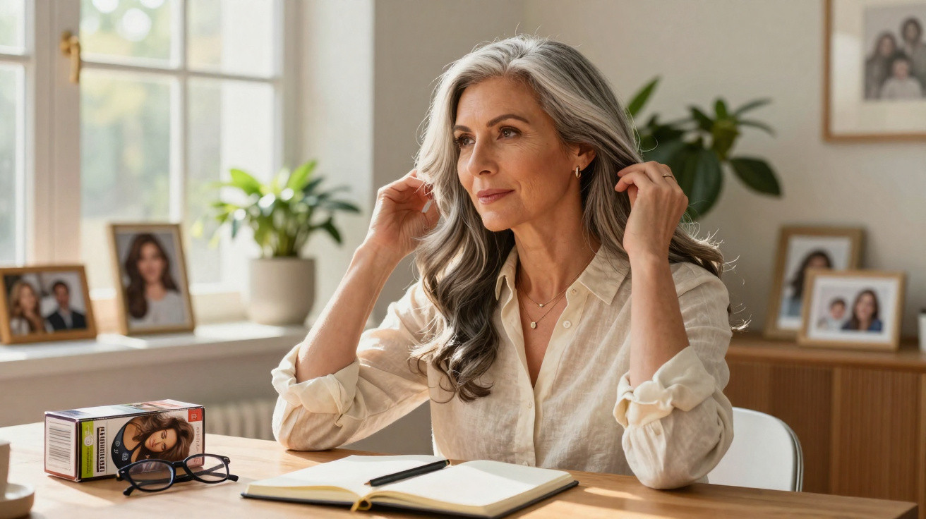 Mulher madura com cabelo grisalho sentada à mesa com caderno aberto, ajustando o cabelo em ambiente iluminado.