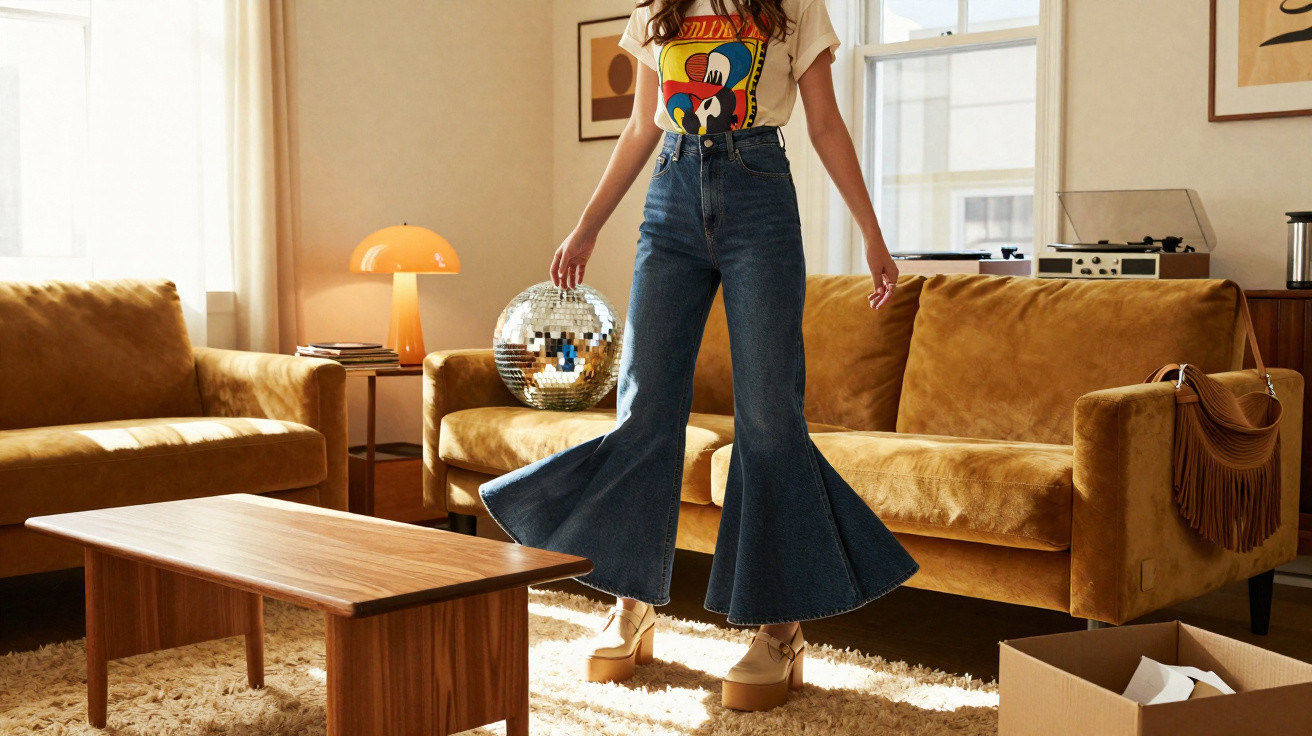 Mulher com calça jeans flare e camiseta, em sala com sofá caramelo e disco de espelho sobre o sofá.
