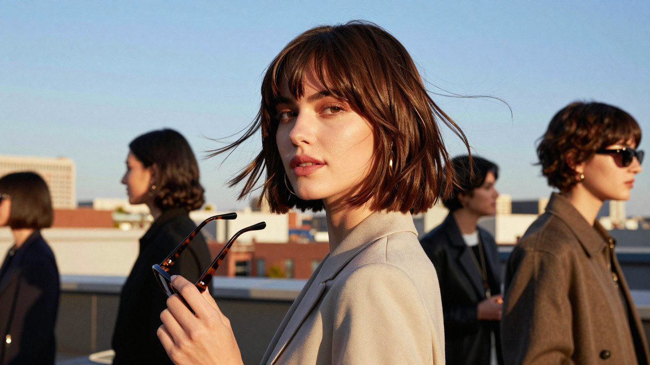 Mulher de cabelo curto castanho claro segurando óculos escuros, com outras pessoas no fundo em ambiente externo.
