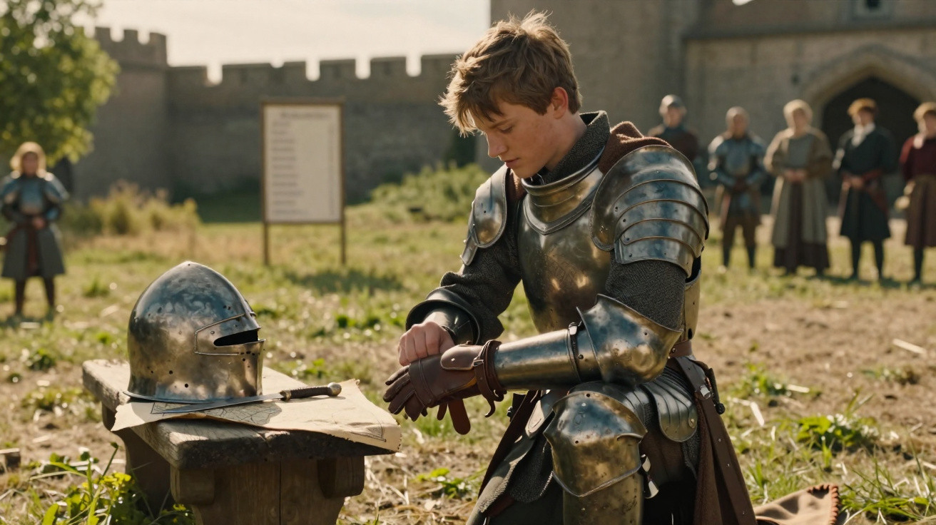Cavaleiro jovem veste armadura medieval e calça luvas sentado ao ar livre perto de capacete sobre banco.