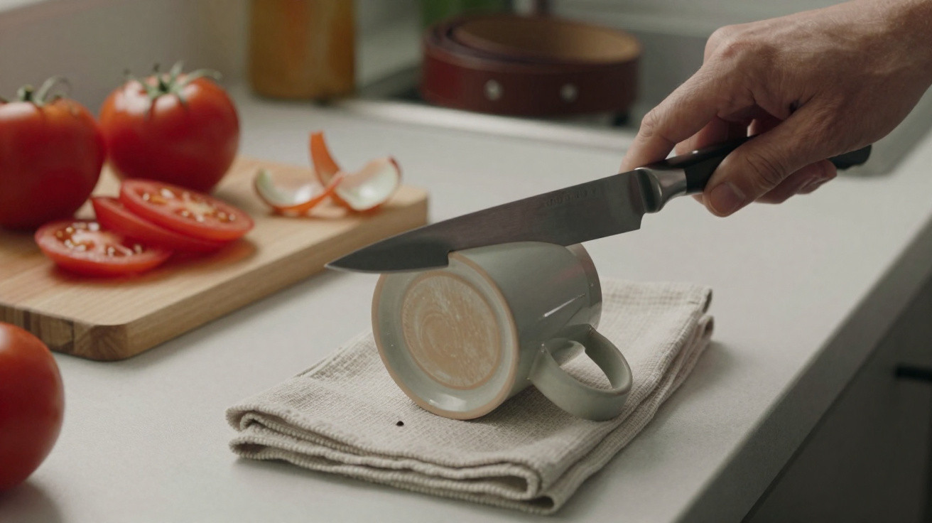 Pessoa usando faca para afiar na borda de uma caneca apoiada em pano na bancada da cozinha.
