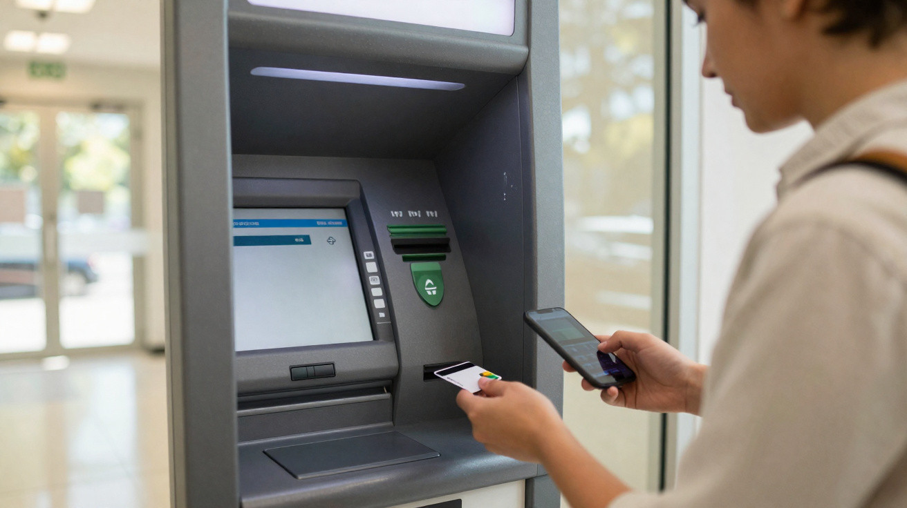 Pessoa usando cartão e celular em caixa eletrônico dentro de agência bancária com vidro ao fundo.
