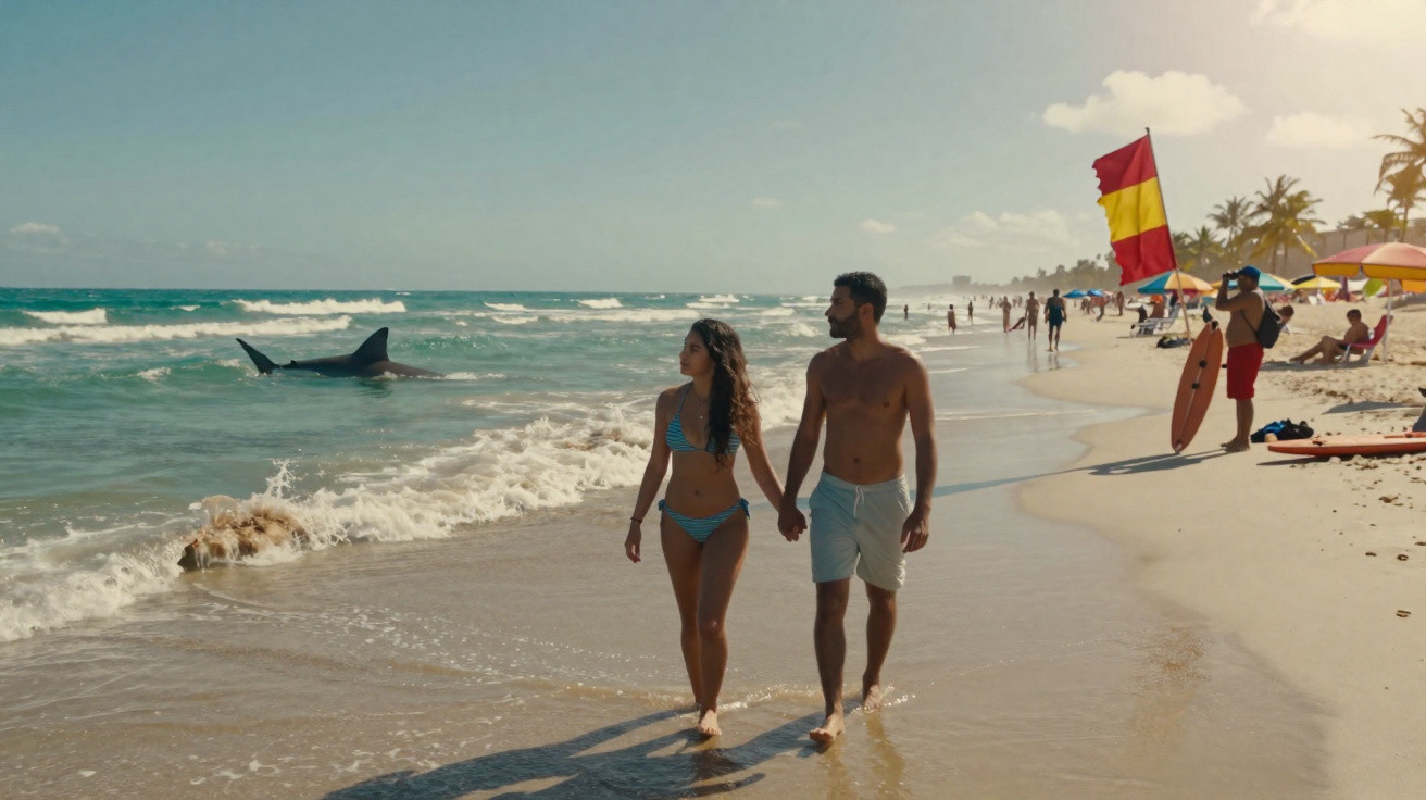 Casal caminhando na praia com tubarão nadando próximo à costa e salva-vidas ao fundo.