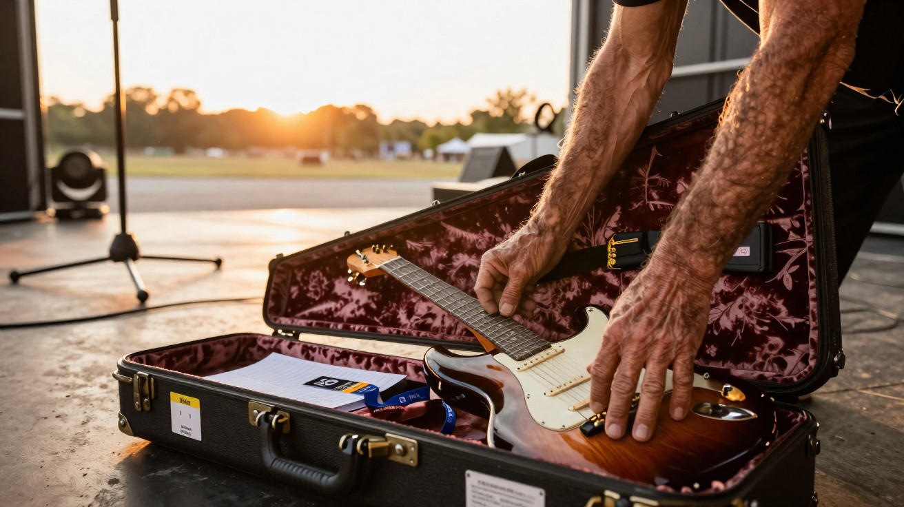 Mãos de homem colocando guitarra elétrica em estojo aberto ao pôr do sol em ambiente ao ar livre.